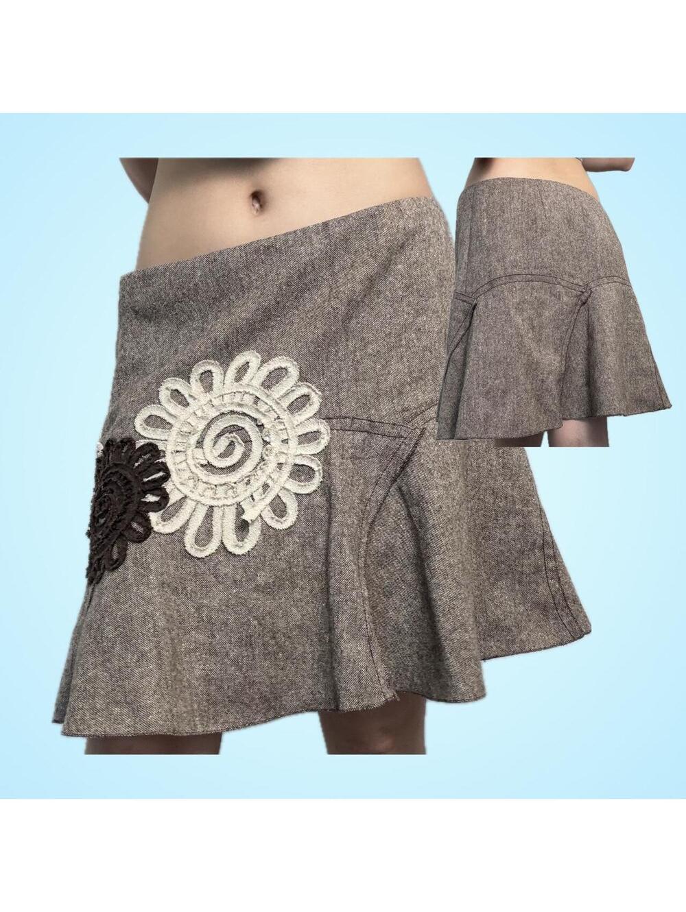 Brown midi skirt 33" with floral applique Cottagecore fairycore y2k morikei twee